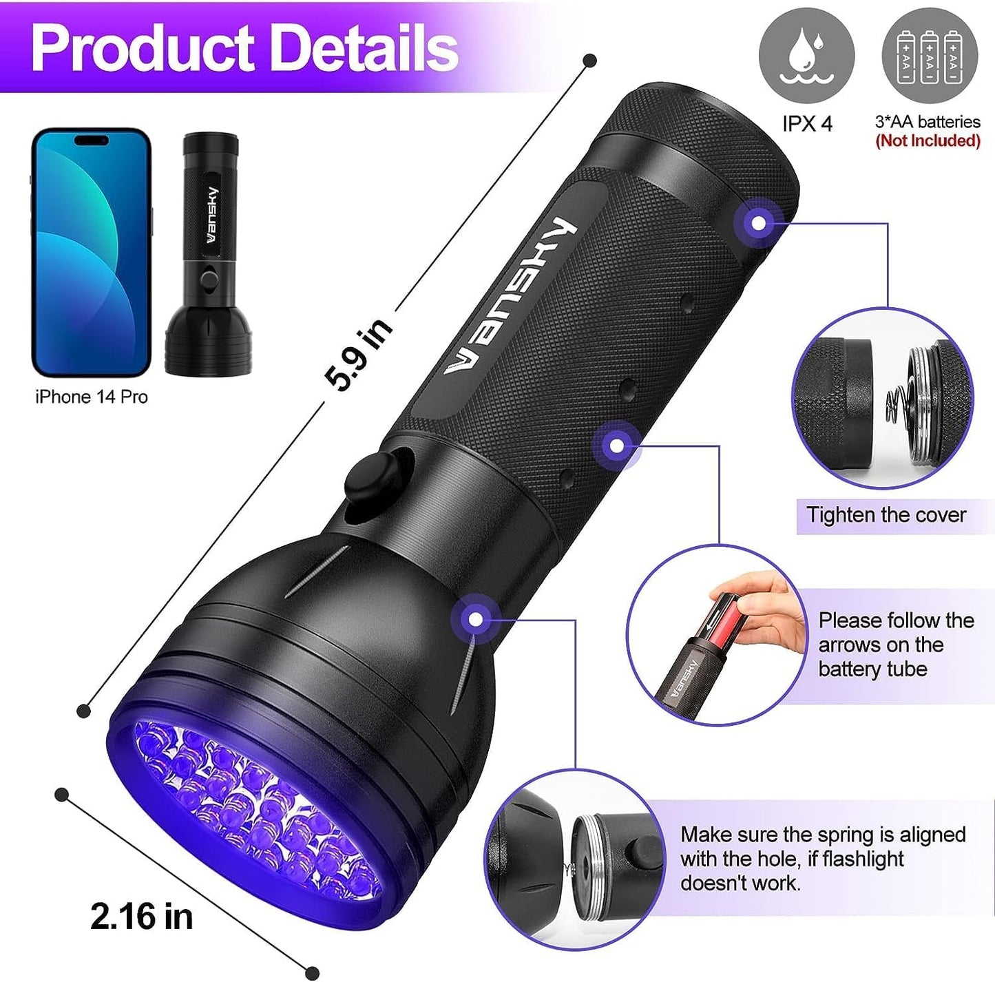 51 LED UV Flashlight Black Light - Ultimate Pet Urine Detector for Dogs & Cats, Perfect for Finding Dry Stains & Bed Bugs, Compatible with Odor Eliminators