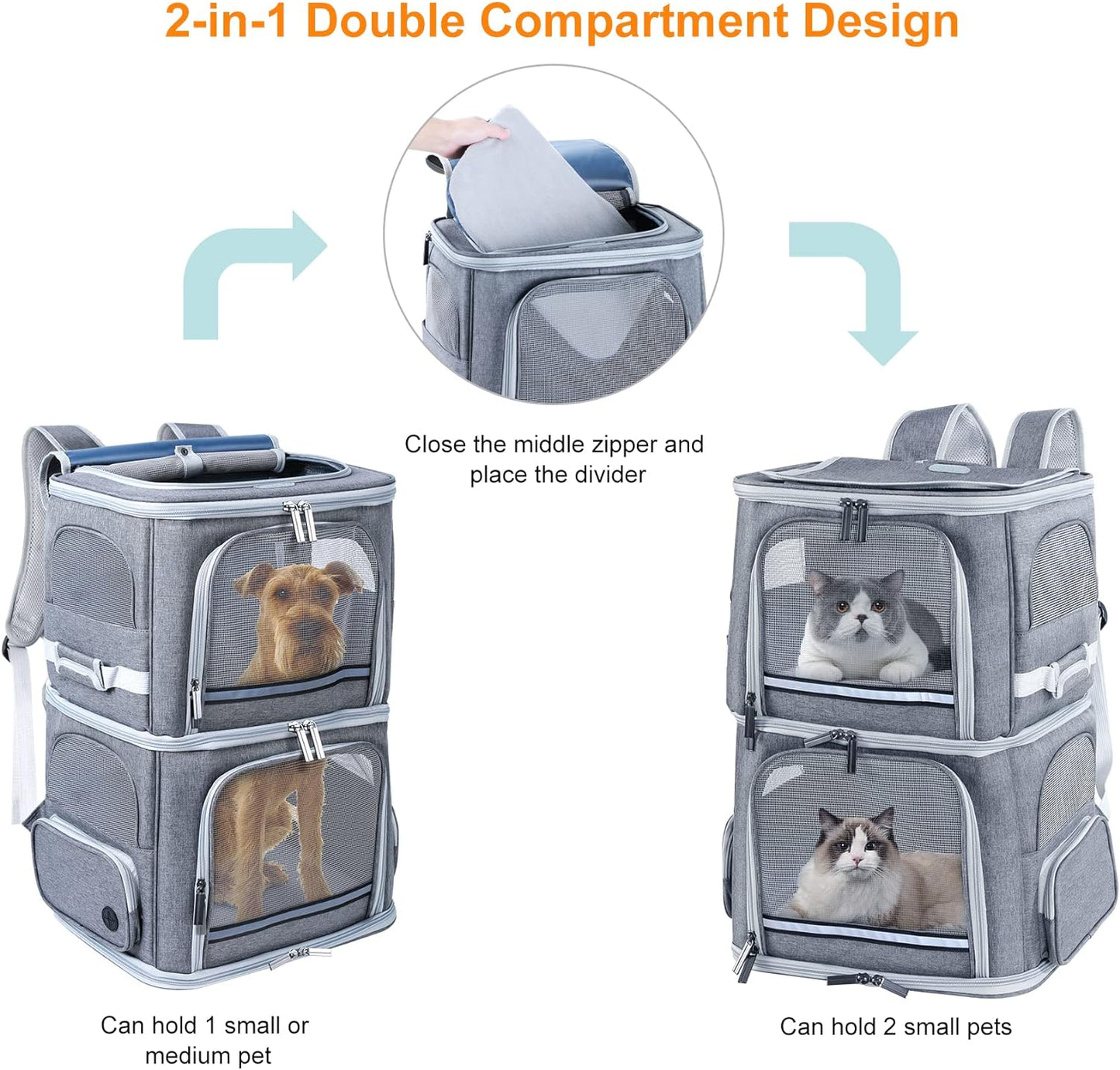 Double Cat Carrier for 2 Cats,Dog Backpack Carrier for Medium Dogs,Double Compartment Pet Carrier Backpack for Dual Pets, For Outdoor Traveling/Stroll and Picnic