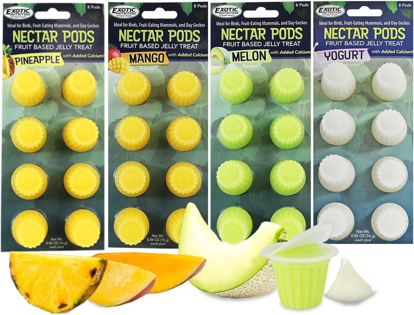 Nectar Pods Variety Pack (4 Count) - Calcium-Enriched Jelly Fruit Treats for Small Pets Including Sugar Gliders, Marmosets, Squirrels, Parrots, Cockatiels, Parakeets, Hamsters, Day Geckos, Kinkajous, and More