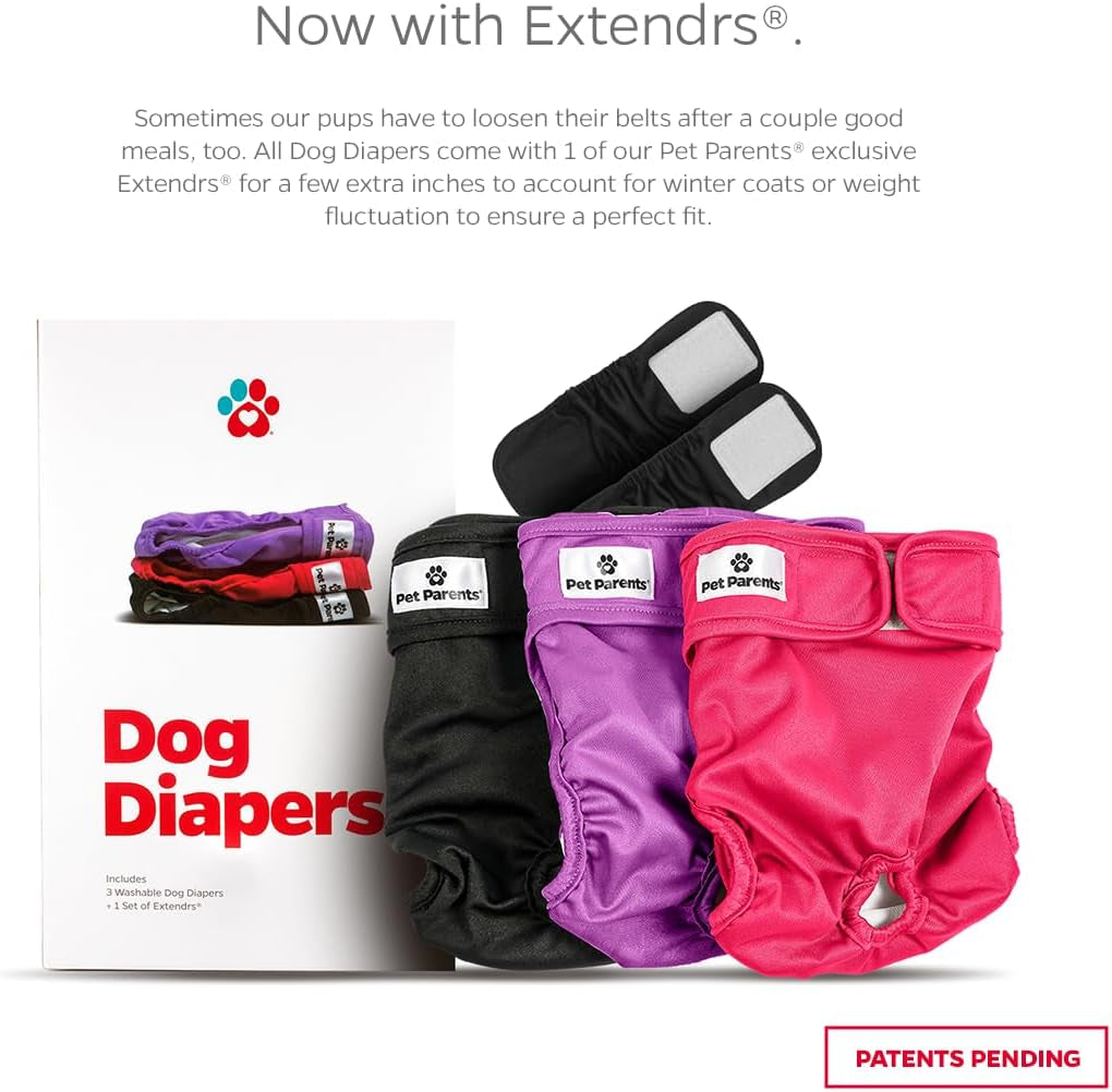 Premium Washable Dog Diapers & Extenders - 3 Pack for Female & Male Dogs (X-Small, Princess Design)