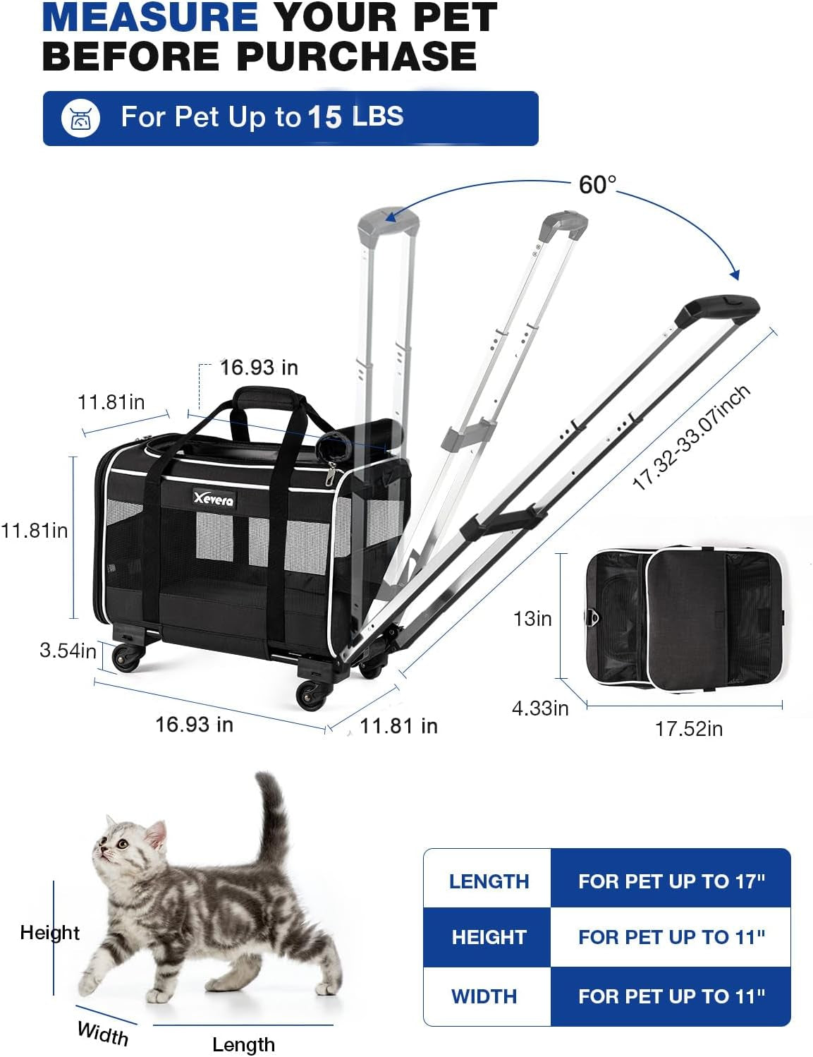 3-in-1 Rolling Pet Carrier for Cats & Small Dogs – Travel Bag with Telescopic Handle, Wheels, and Shoulder Strap – Portable & Airline Approved